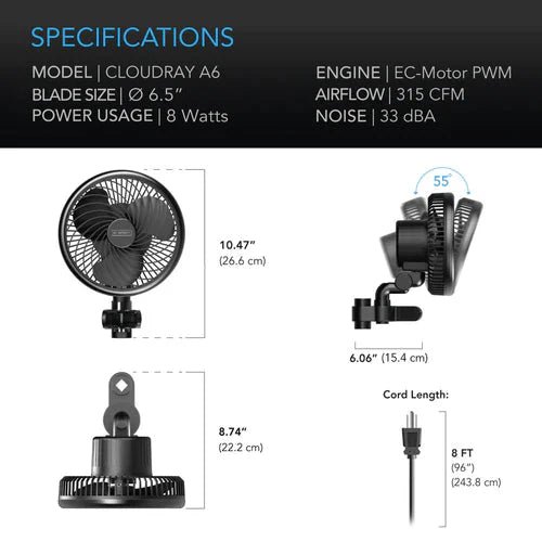 AC Infinity Cloudray A6 EC *MANUELL* Clip-Ventilator (AC-CCA6) - GEN 2