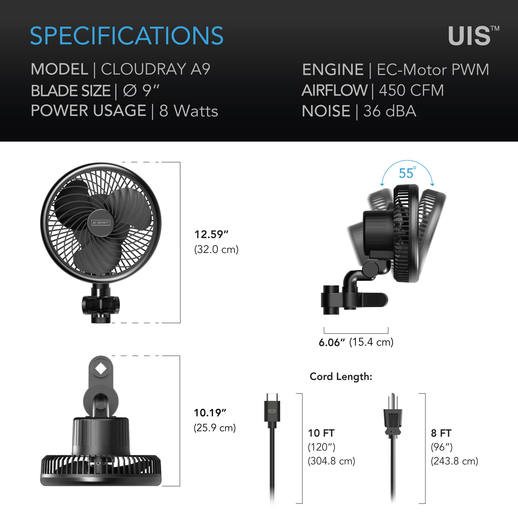 AC Infinity Cloudray A9 EC *MANUELL* Clip-Ventilator (AC-CCA9)