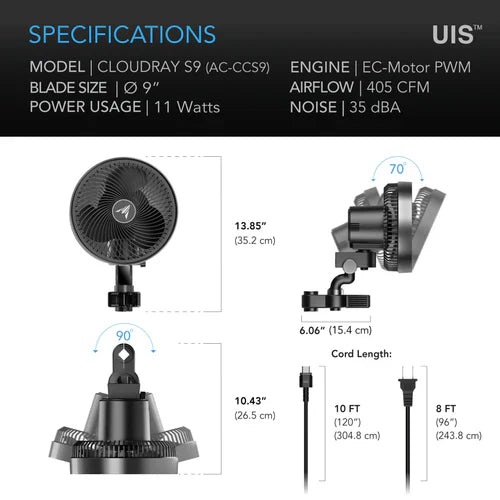 AC Infinity Cloudray S9 9-Zoll oszillierender Clipventilator – Intelligenter EC-Grow-Zelt-Luftzirkulation (AC-CCS9)