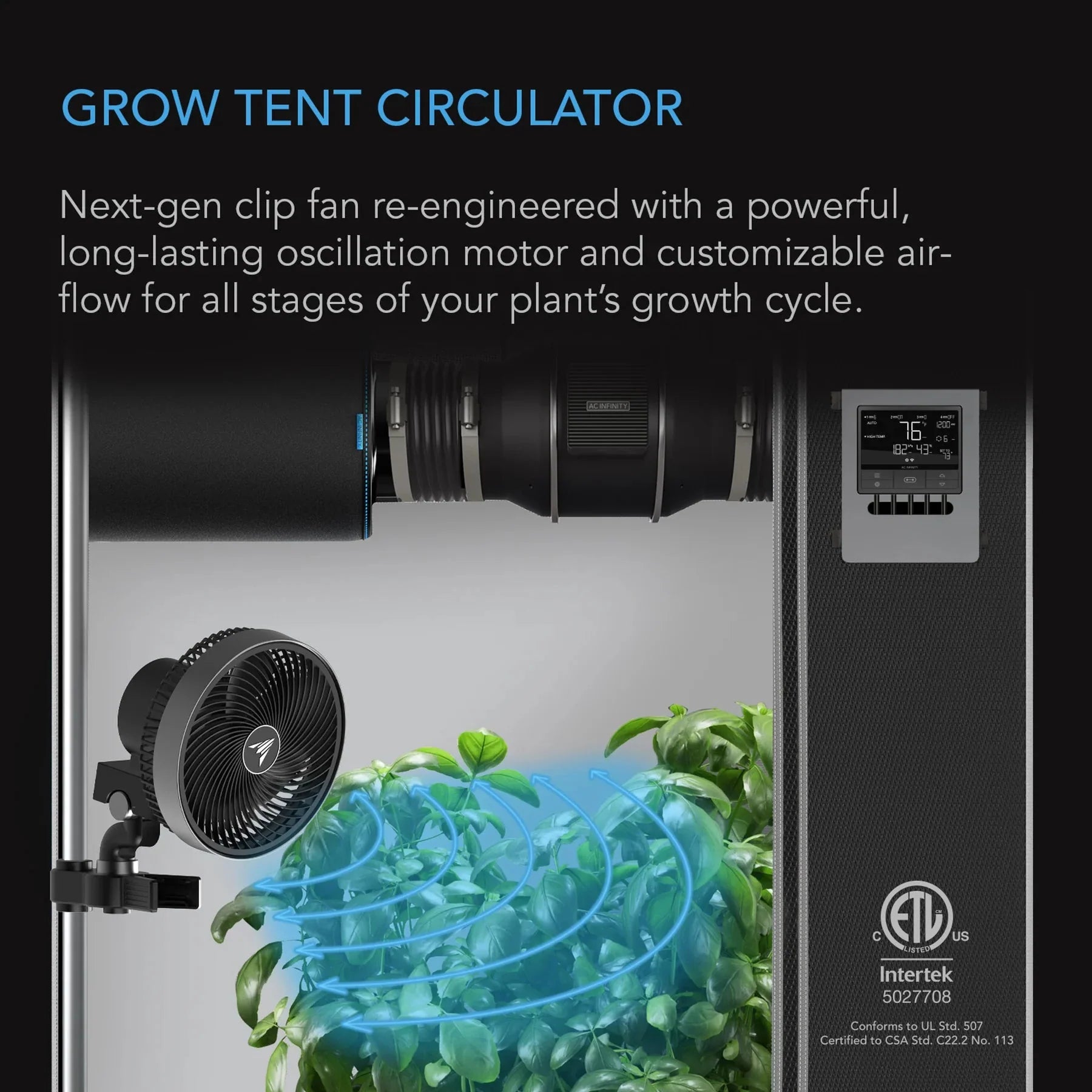 AC Infinity Cloudray S9 9-Zoll oszillierender Clipventilator – Intelligenter EC-Grow-Zelt-Luftzirkulation (AC-CCS9)