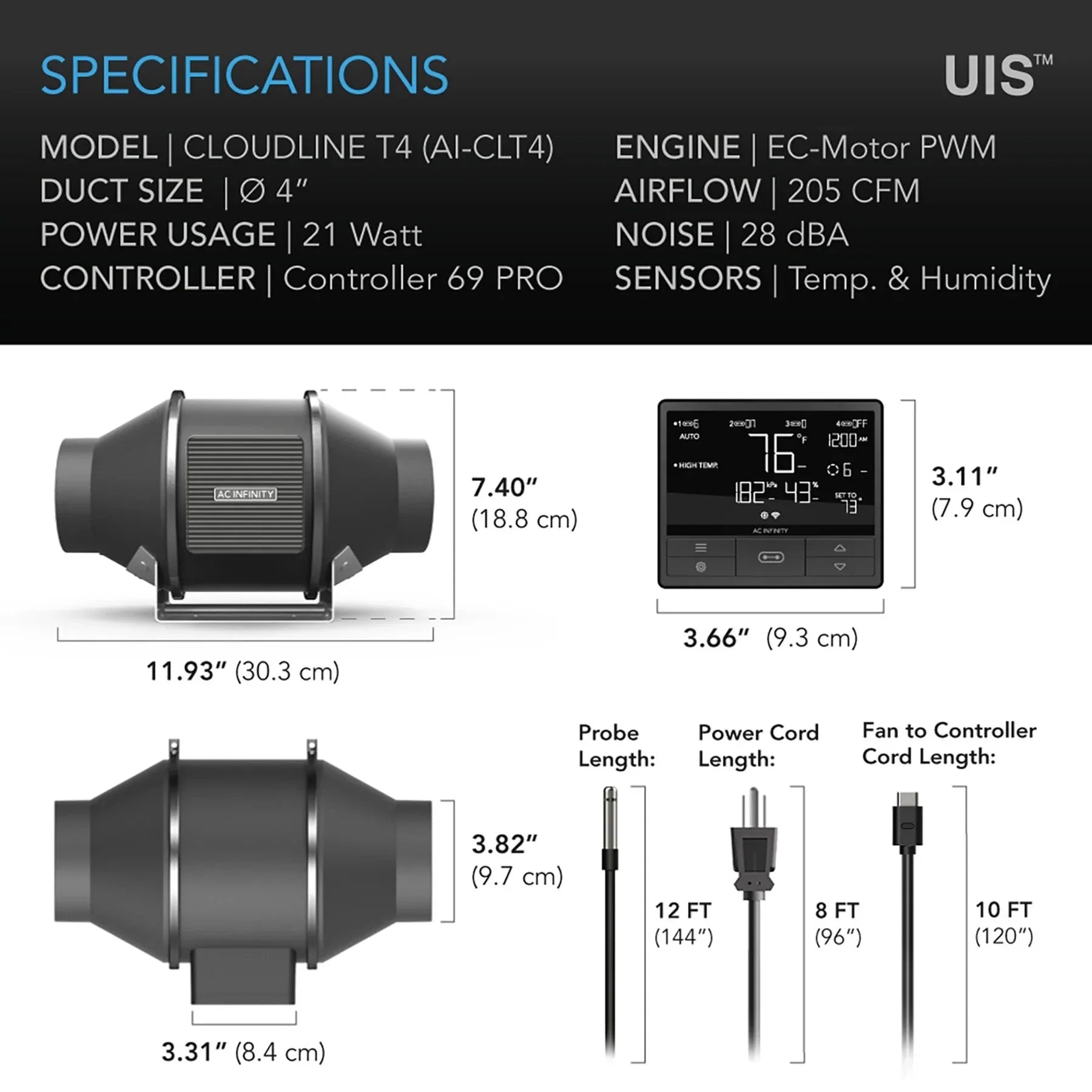 AC Infinity Cloudline Pro T4 Lüfter & 69 Pro Steuerungskombination (AI-CLT4)