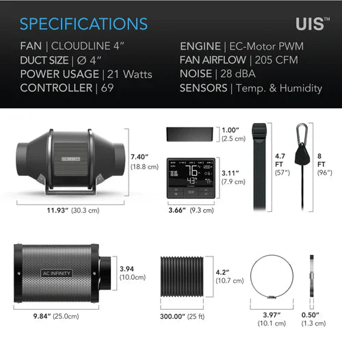 AC Infinity - Komplettes Luftfilter-Kit Pro | Inline-Lüfter, WIFI 69 Pro Smart-Controller, Aktivkohlefilter & Schlauchleitung