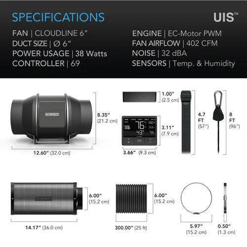 AC Infinity - Komplettes Luftfilter-Kit Pro | Inline-Lüfter, WIFI 69 Pro Smart-Controller, Aktivkohlefilter & Schlauchleitung