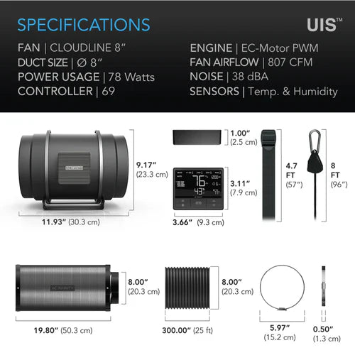 AC Infinity - Komplettes Luftfilter-Kit Pro | Inline-Lüfter, WIFI 69 Pro Smart-Controller, Aktivkohlefilter & Schlauchleitung