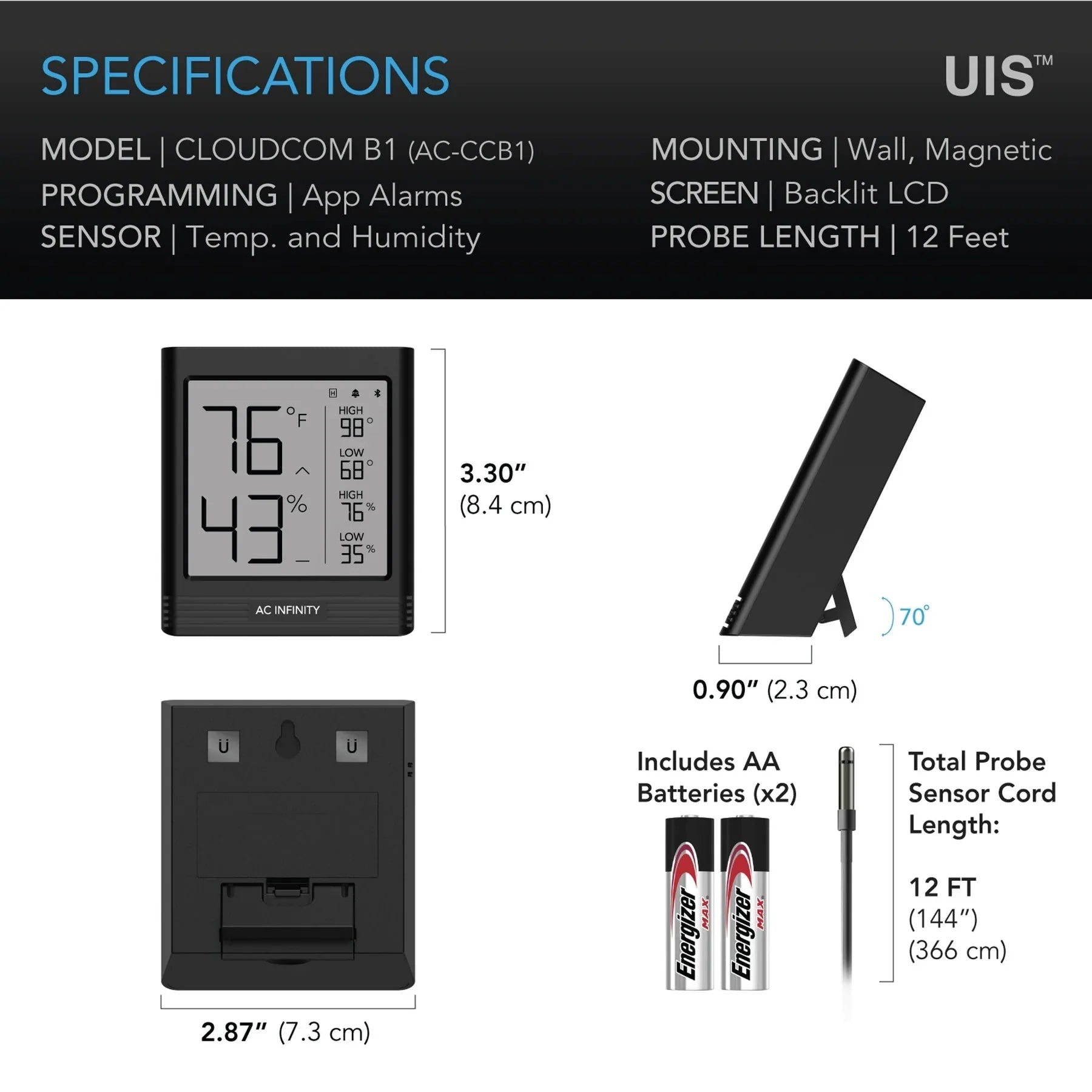 AC Infinity Cloudcom B1 Smarter Thermo-Hygrometer + 3,66 m externer Sonde (AC-CCB1)