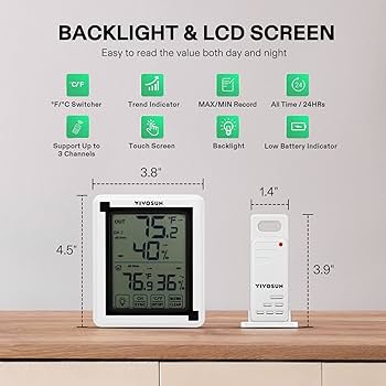 Vivosun Kabelloses Thermometer & Hygrometer – 3-Sensor Innen/Außen Grow Tent Monitor