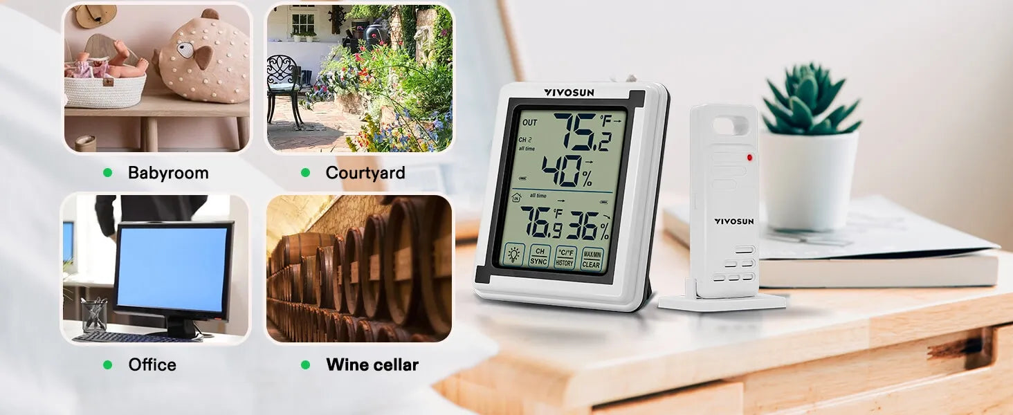 Vivosun Kabelloses Thermometer & Hygrometer – 3-Sensor Innen/Außen Grow Tent Monitor